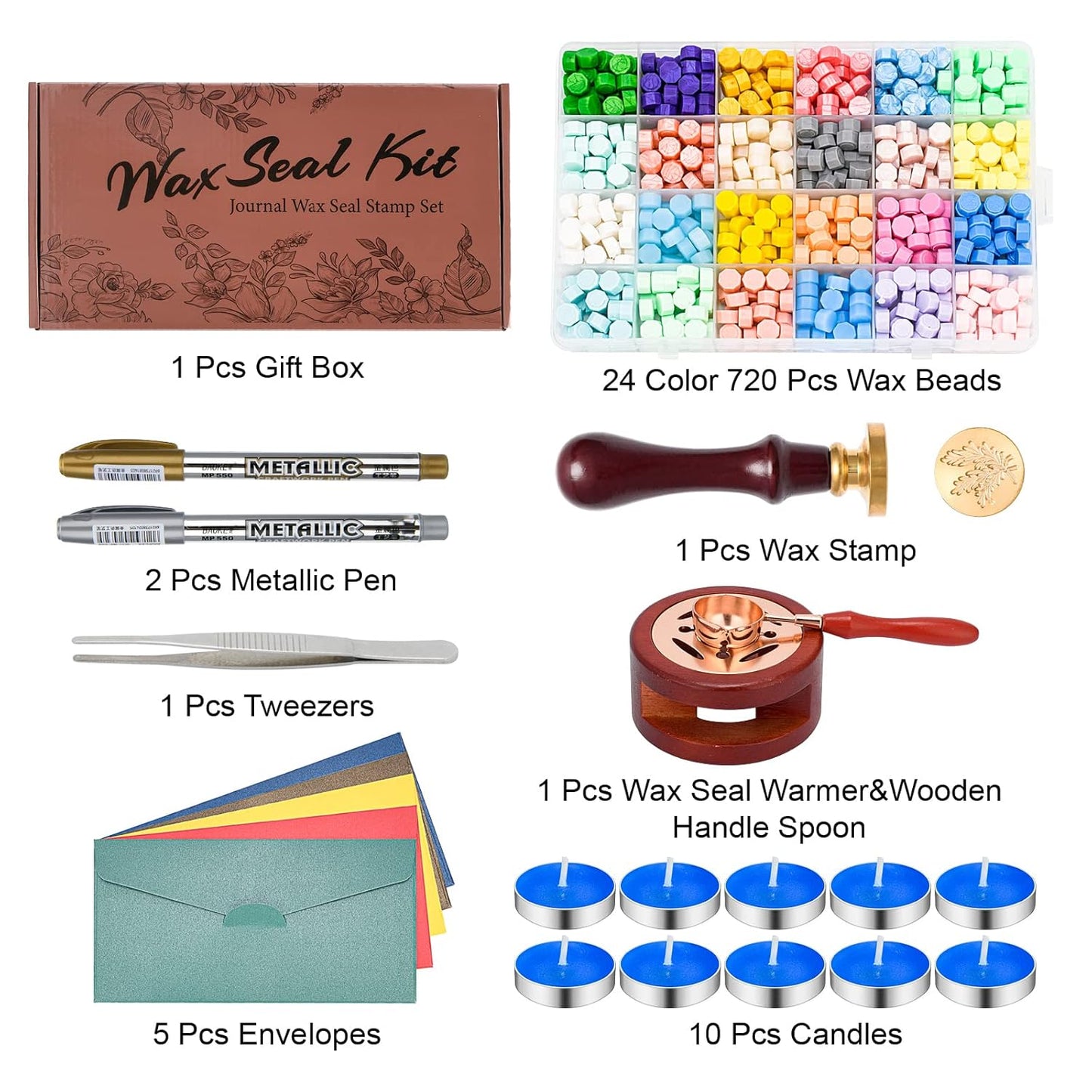 Wax Seal Kit - 624Pc Stamp Kit with 24 Colors, Spoon, 10 Tea Candles, Warmer, Pen