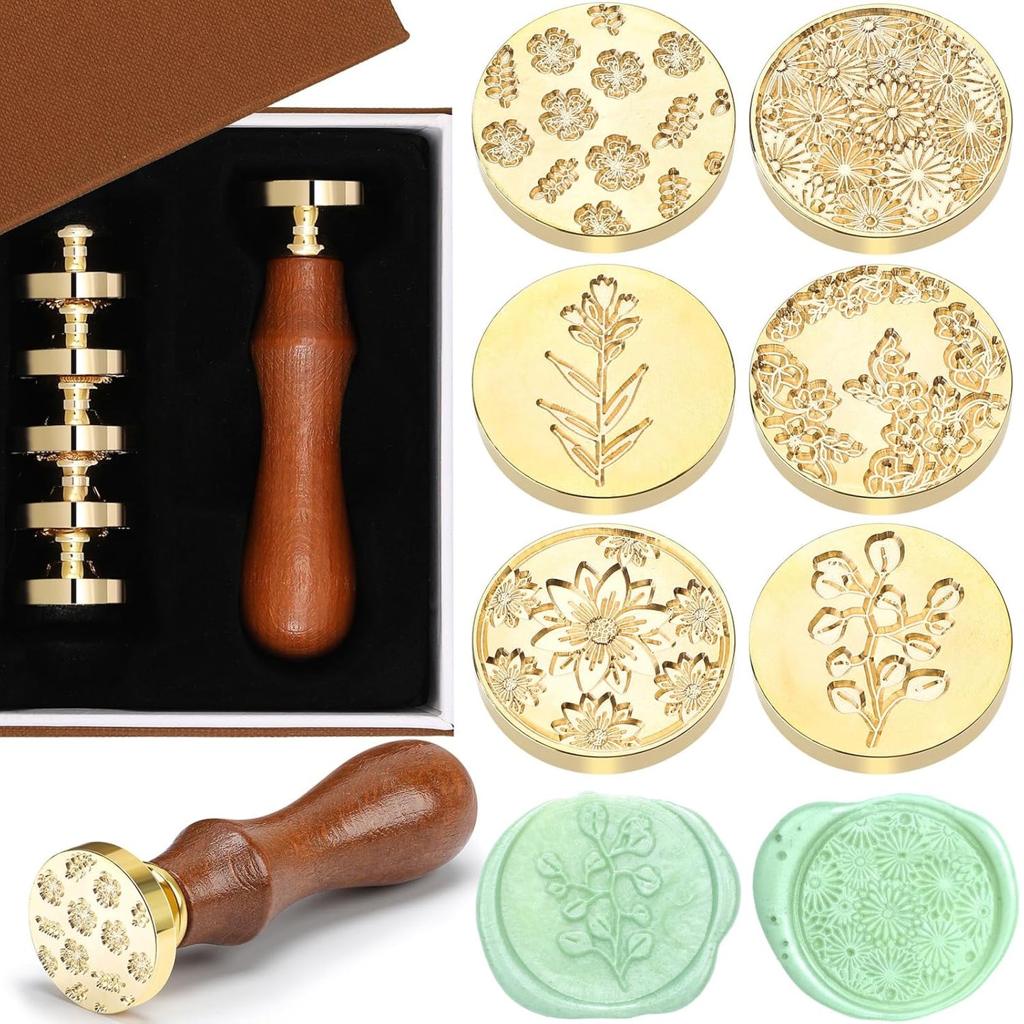 Chrisfall Wax Seal Stamp Gift Box Set 6 Sealing Stamp Heads 1 Wooden Hilt Floral Elegant Botanical Letter Sealing Kit for Wedding Party Invitation, Gift Packaging, Envelope, Cards(Fresh Style)