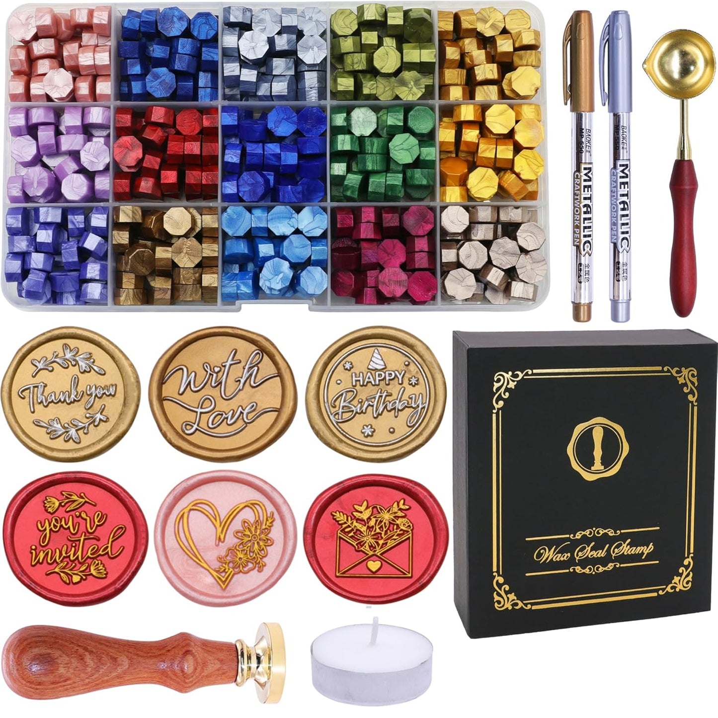 SWANGSA Botanical Flower Wax Seal Stamp Kit with 450pcs Sealing Wax Beads, 2 Pens and Spoon for Wedding, Invitations, Cards, Envelope, Christmas