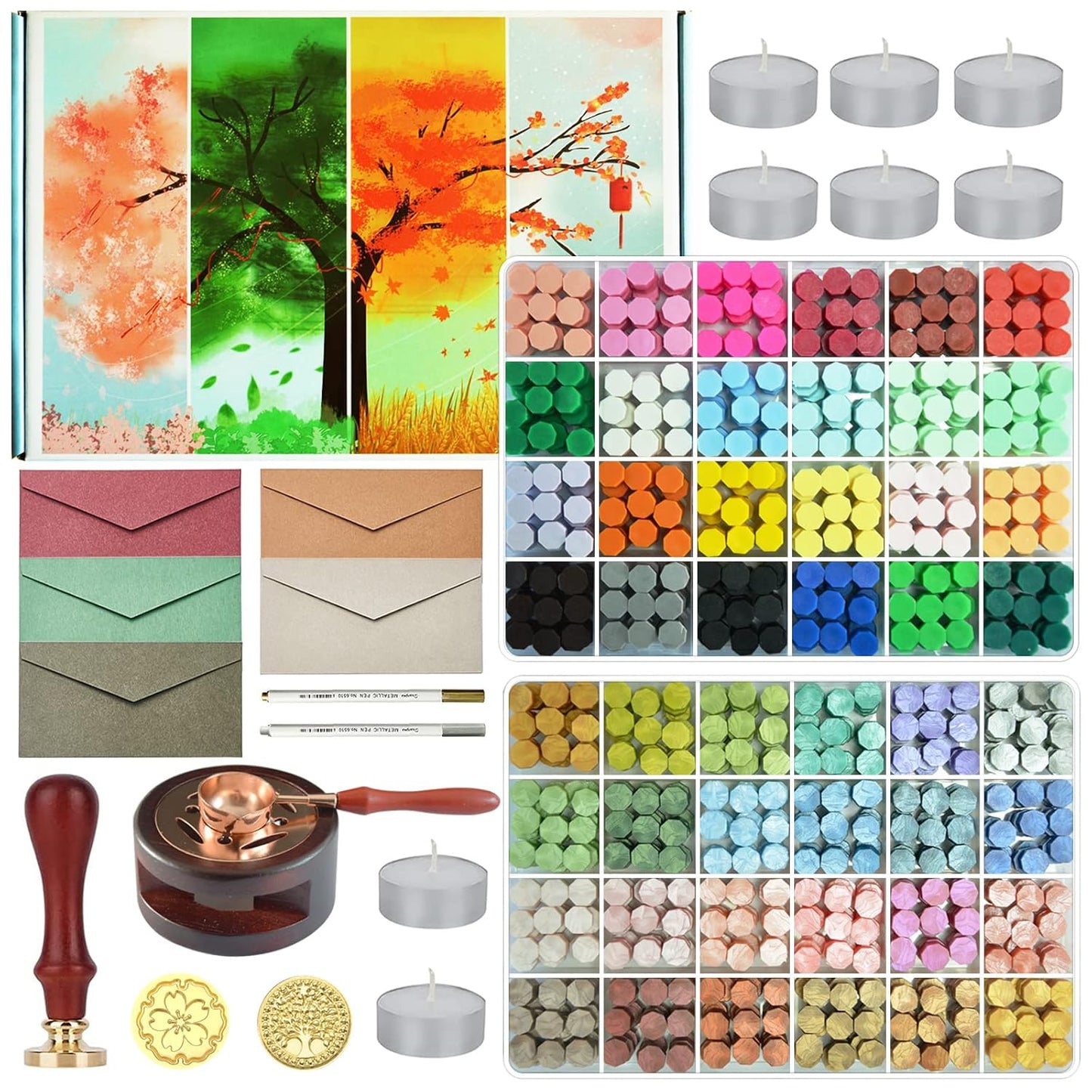 96 Colors Wax Seal Stamp Kit,2400Pcs Sealing Beads,All in one Wax Seal Kit with Sealing Stamps, Warmer,Spoon,Envelopes,Candles,Metallic Pen,for Wedding Invitations Wrapping Christmas Letters