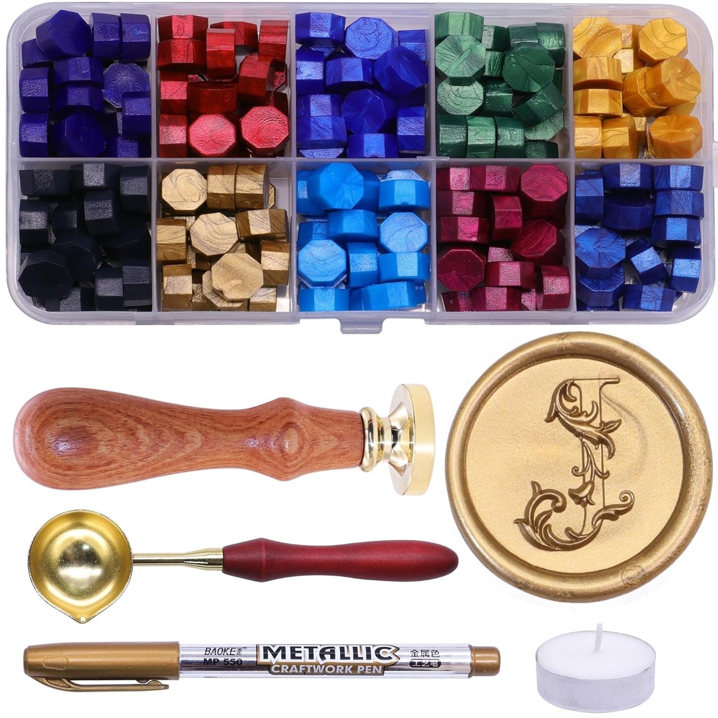 Letter Wax Seal Stamp Kit, SWANGSA 3D Floral Initial Alphabet S Sealing Stamp and 200pcs Sealing Wax Beads Kit for Wedding Invitations Cards Envelopes