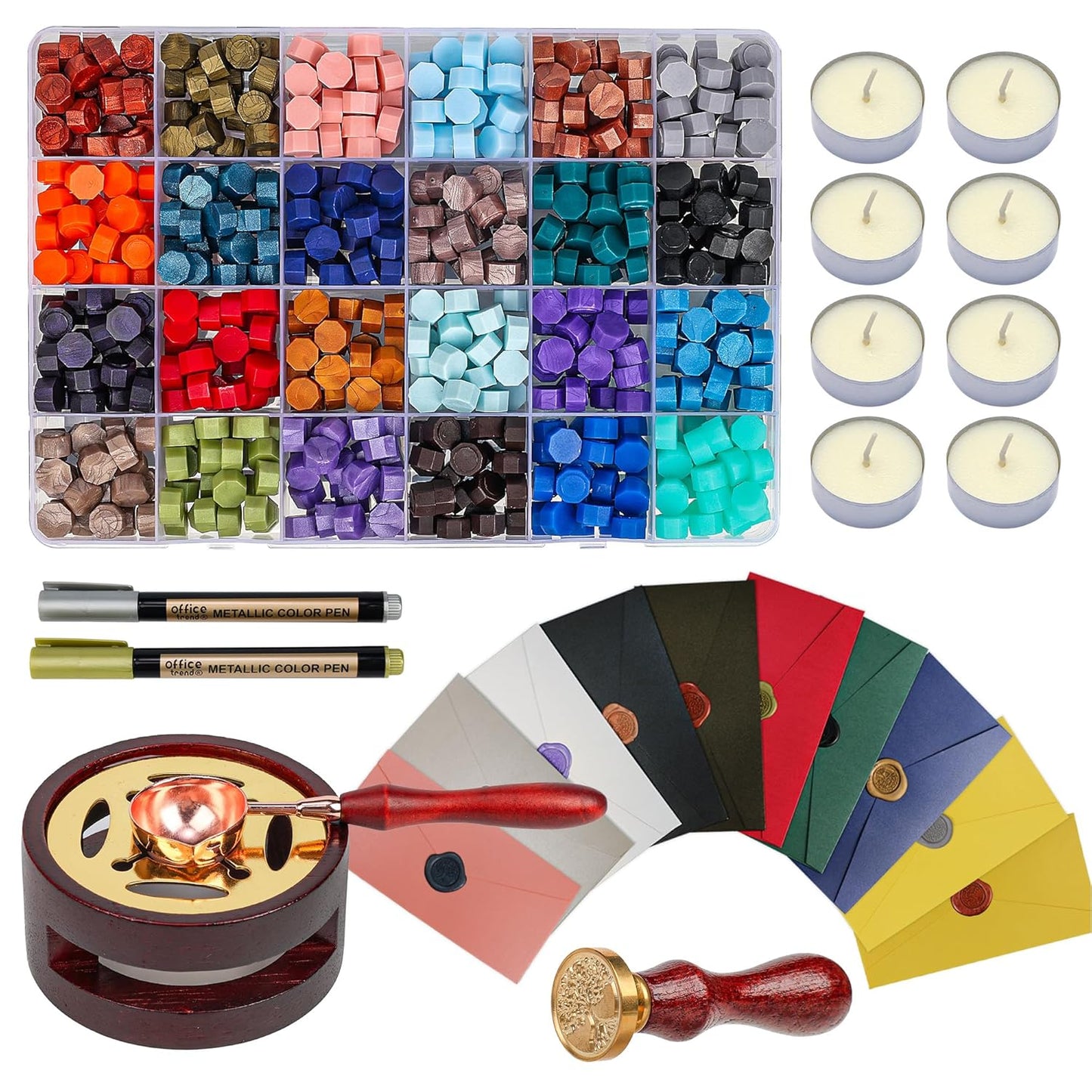 TRINIDa Wax Seal Kit, Premium Wax Seal Stamp Kit with 24 Colors 624 Pcs Beads, Metallic Pens, Warmer, Spoon and Tea Candles for Wedding Invitation, Letter Envelope, Gift Cards & DIY Crafts