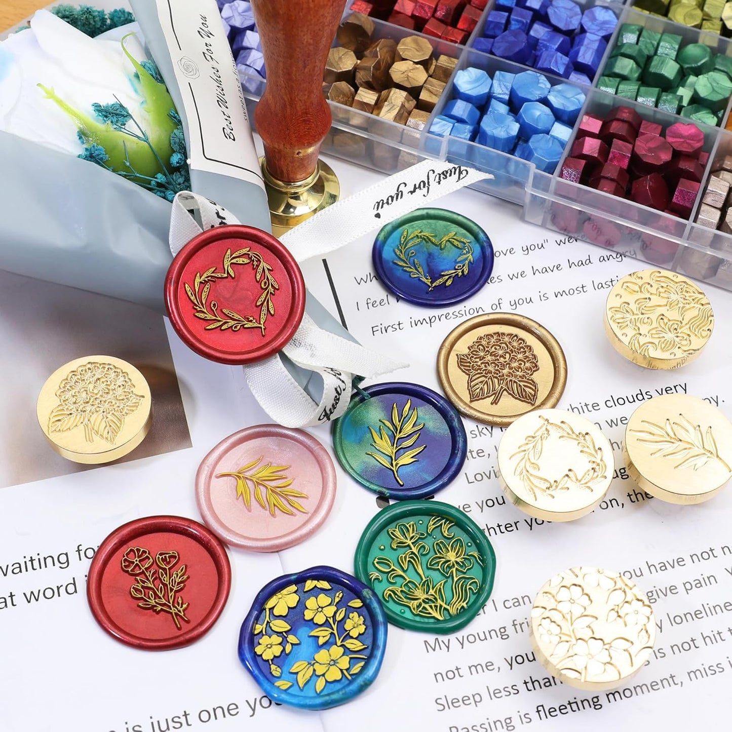 SWANGSA Botanical Flower Wax Seal Stamp Kit with 450pcs Sealing Wax Beads, 2 Pens and Spoon for Wedding, Invitations, Cards, Envelope, Christmas