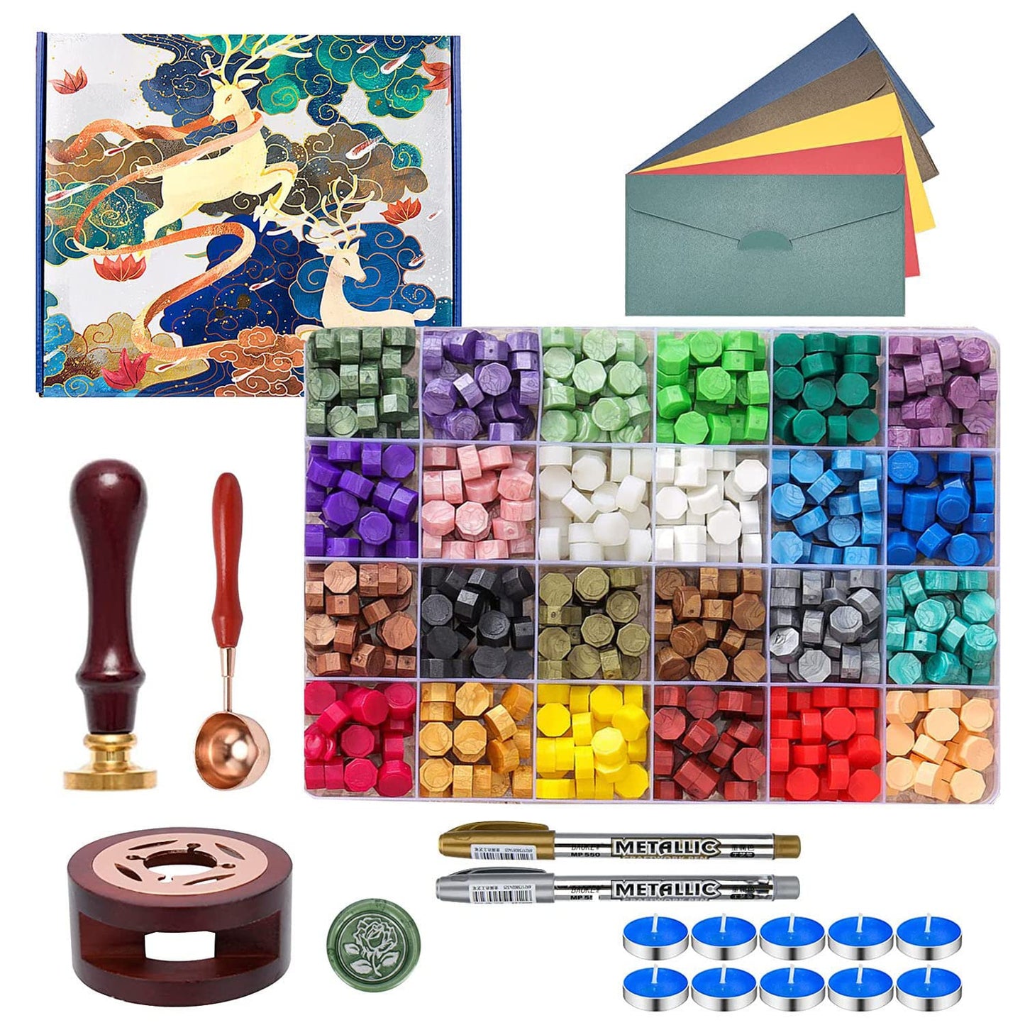 Wax Seal Kit - 624Pc Stamp Kit with 24 Colors, Spoon, 10 Tea Candles, Warmer, Pen