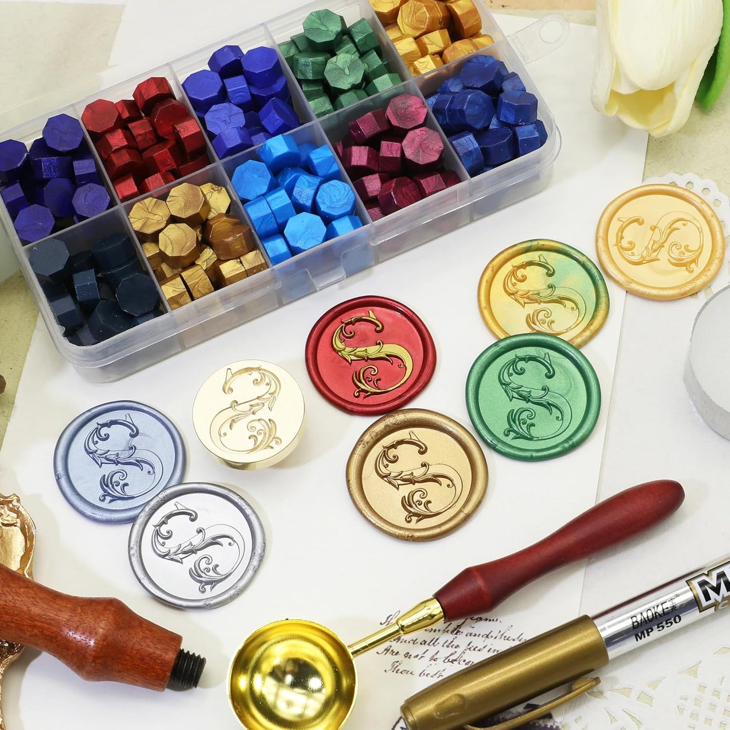 Letter Wax Seal Stamp Kit, SWANGSA 3D Floral Initial Alphabet S Sealing Stamp and 200pcs Sealing Wax Beads Kit for Wedding Invitations Cards Envelopes