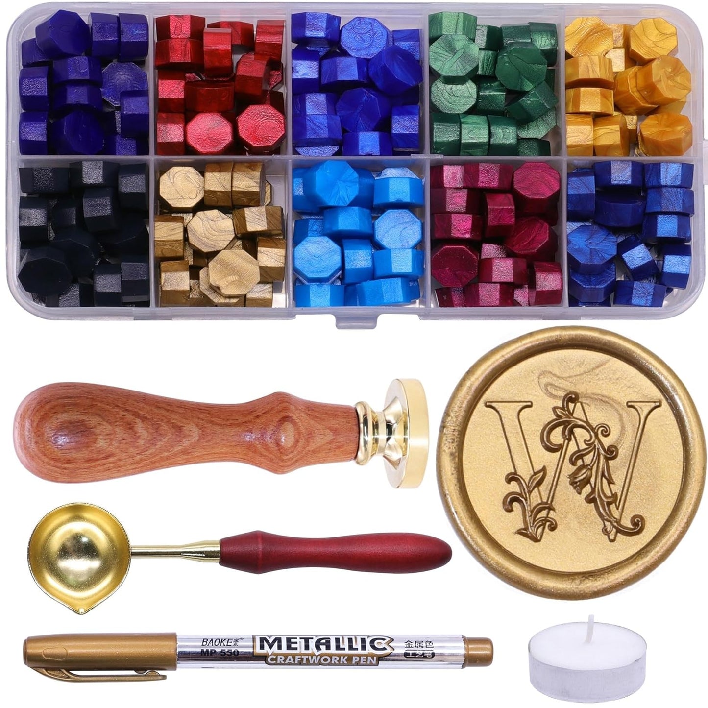 Letter Wax Seal Stamp Kit, SWANGSA 3D Floral Initial Alphabet S Sealing Stamp and 200pcs Sealing Wax Beads Kit for Wedding Invitations Cards Envelopes