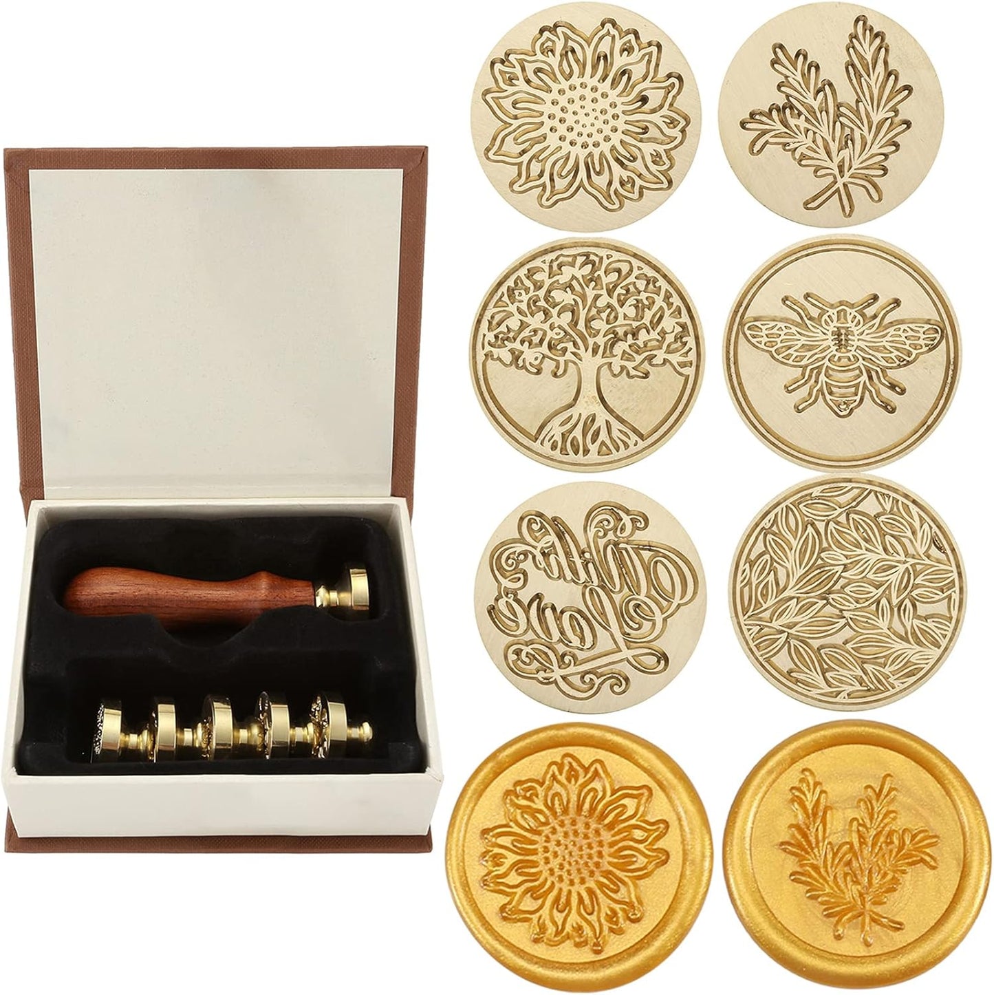 Yoption 6 Pcs Wax Seal Stamp Set, Vintage Tree of Life Bee Heart Compass Feather with Love Sealing Wax Stamps Kit, Wooden Handle with Brass Head for Wedding Invitation Cards Christmas Gift