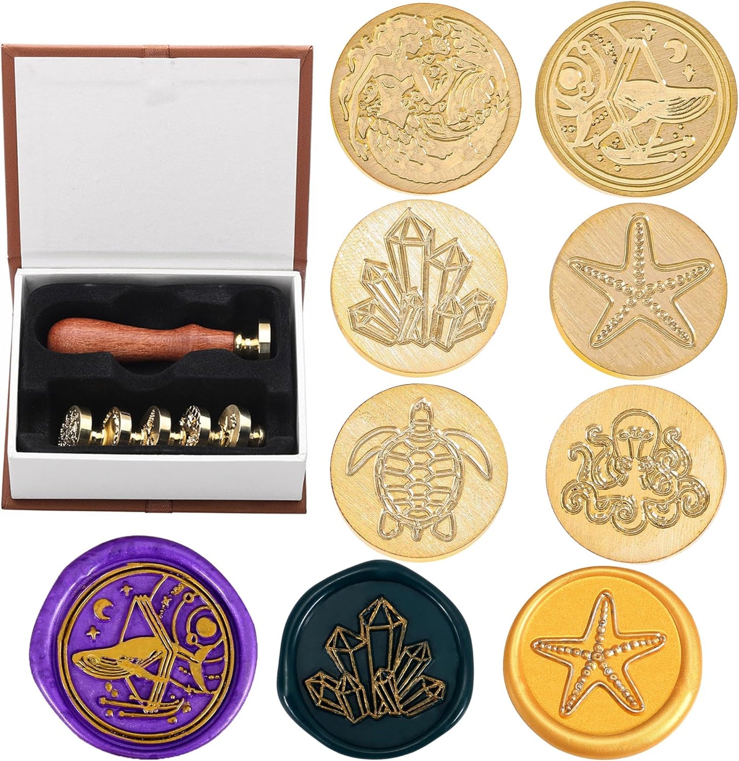 Yoption 6 Pcs Wax Seal Stamp Set, Vintage Tree of Life Bee Heart Compass Feather with Love Sealing Wax Stamps Kit, Wooden Handle with Brass Head for Wedding Invitation Cards Christmas Gift