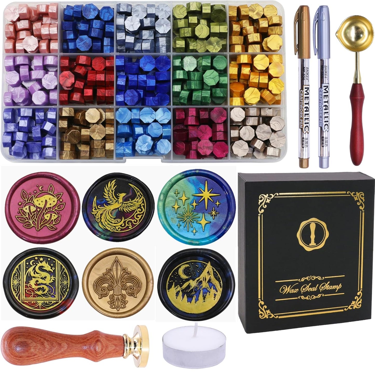 SWANGSA Botanical Flower Wax Seal Stamp Kit with 450pcs Sealing Wax Beads, 2 Pens and Spoon for Wedding, Invitations, Cards, Envelope, Christmas