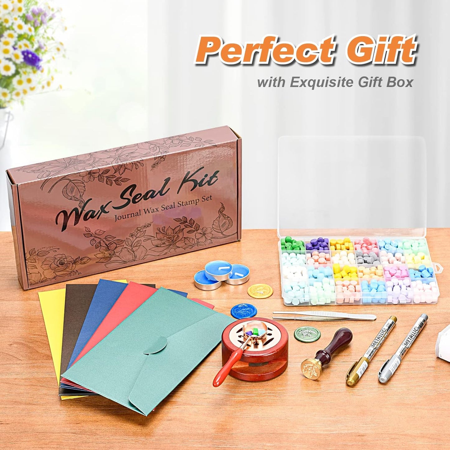 Wax Seal Kit - 624Pc Stamp Kit with 24 Colors, Spoon, 10 Tea Candles, Warmer, Pen
