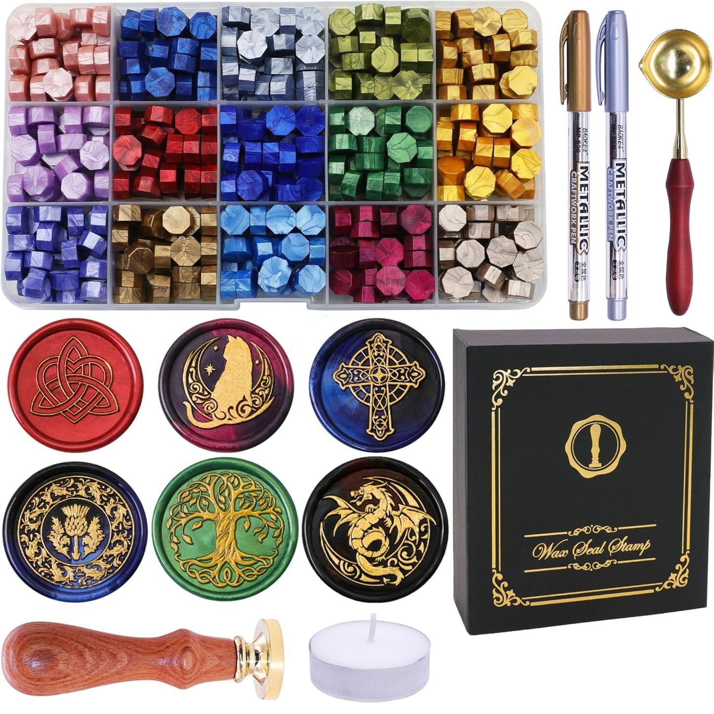 SWANGSA Botanical Flower Wax Seal Stamp Kit with 450pcs Sealing Wax Beads, 2 Pens and Spoon for Wedding, Invitations, Cards, Envelope, Christmas