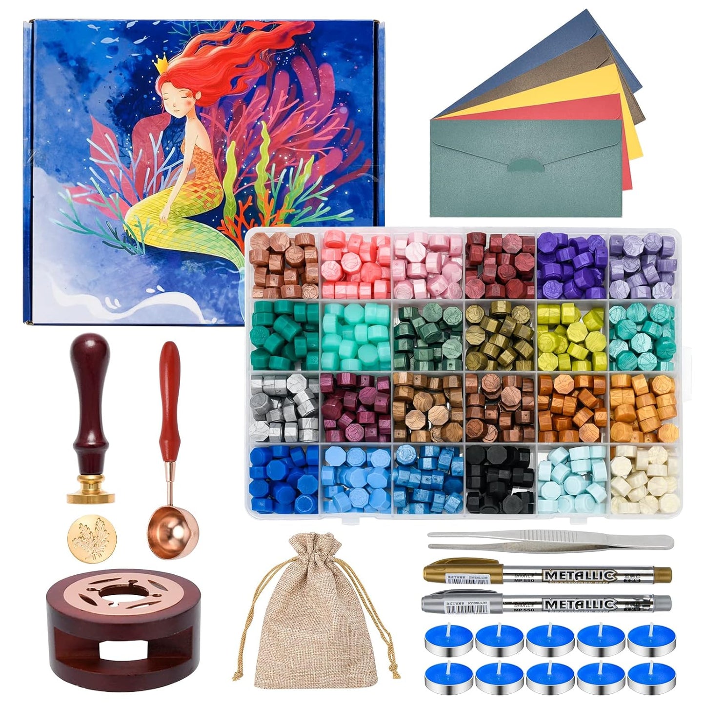 Wax Seal Kit - 624Pc Stamp Kit with 24 Colors, Spoon, 10 Tea Candles, Warmer, Pen