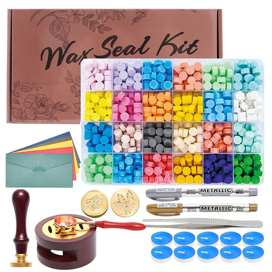 Wax Seal Kit - 624Pc Stamp Kit with 24 Colors, Spoon, 10 Tea Candles, Warmer, Pen