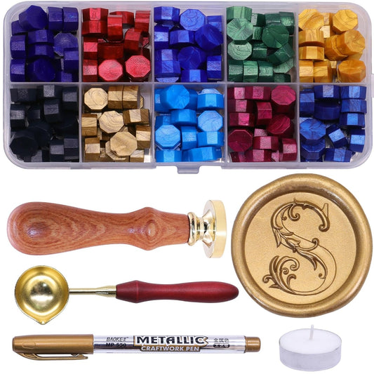 Letter Wax Seal Stamp Kit, SWANGSA 3D Floral Initial Alphabet S Sealing Stamp and 200pcs Sealing Wax Beads Kit for Wedding Invitations Cards Envelopes