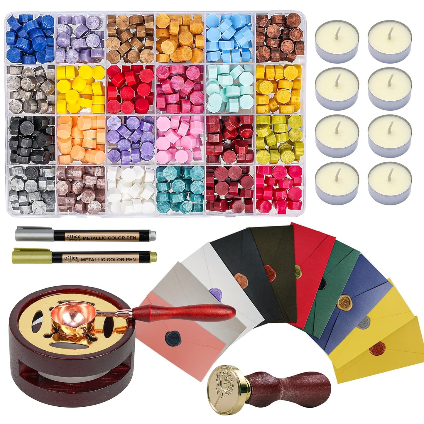 TRINIDa Wax Seal Kit, Premium Wax Seal Stamp Kit with 24 Colors 624 Pcs Beads, Metallic Pens, Warmer, Spoon and Tea Candles for Wedding Invitation, Letter Envelope, Gift Cards & DIY Crafts
