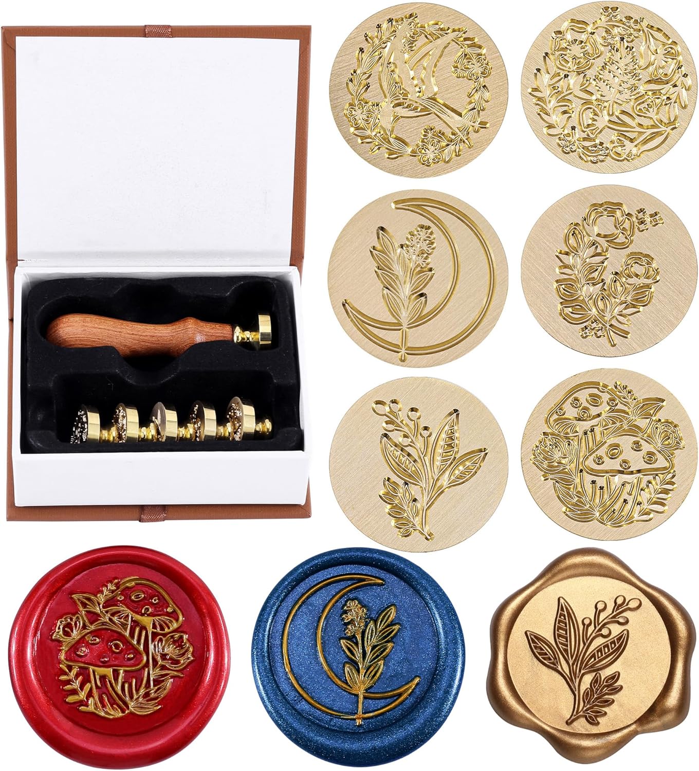 Yoption 6 Pcs Wax Seal Stamp Set, Vintage Tree of Life Bee Heart Compass Feather with Love Sealing Wax Stamps Kit, Wooden Handle with Brass Head for Wedding Invitation Cards Christmas Gift